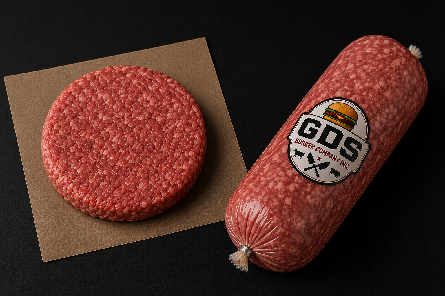 Beef patties on a production line